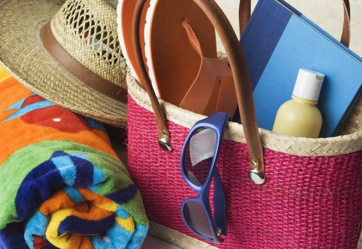 Summer Beach Bag with Suntan Lotion, Towel, Sunglasses, Hat